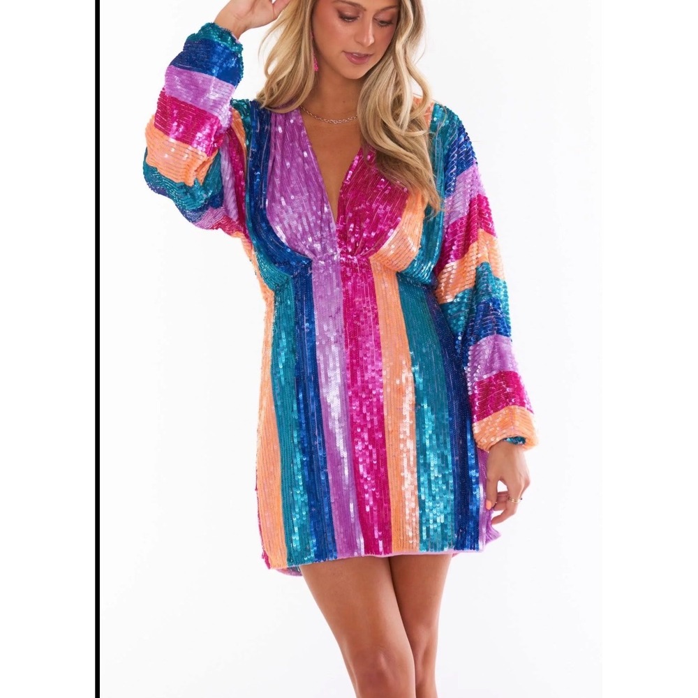 Show Me Your Mumu Kidman Neon Rainbow V-neck Mini Dress Size Medium